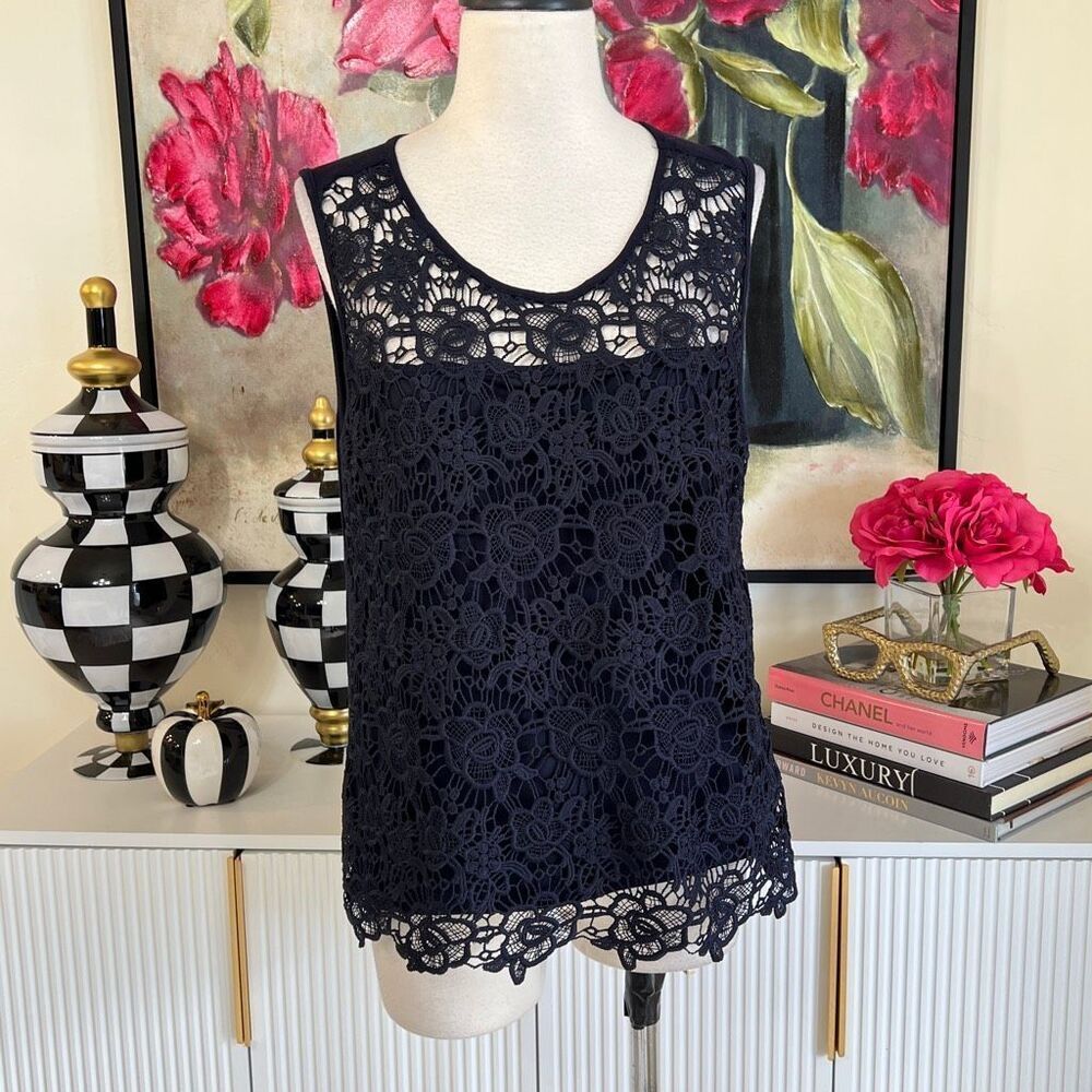 Nanette Lepore Women's Floral Lace Overlay Sleeveless Blouse Black Medium